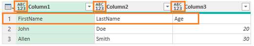 Table with column names as first record