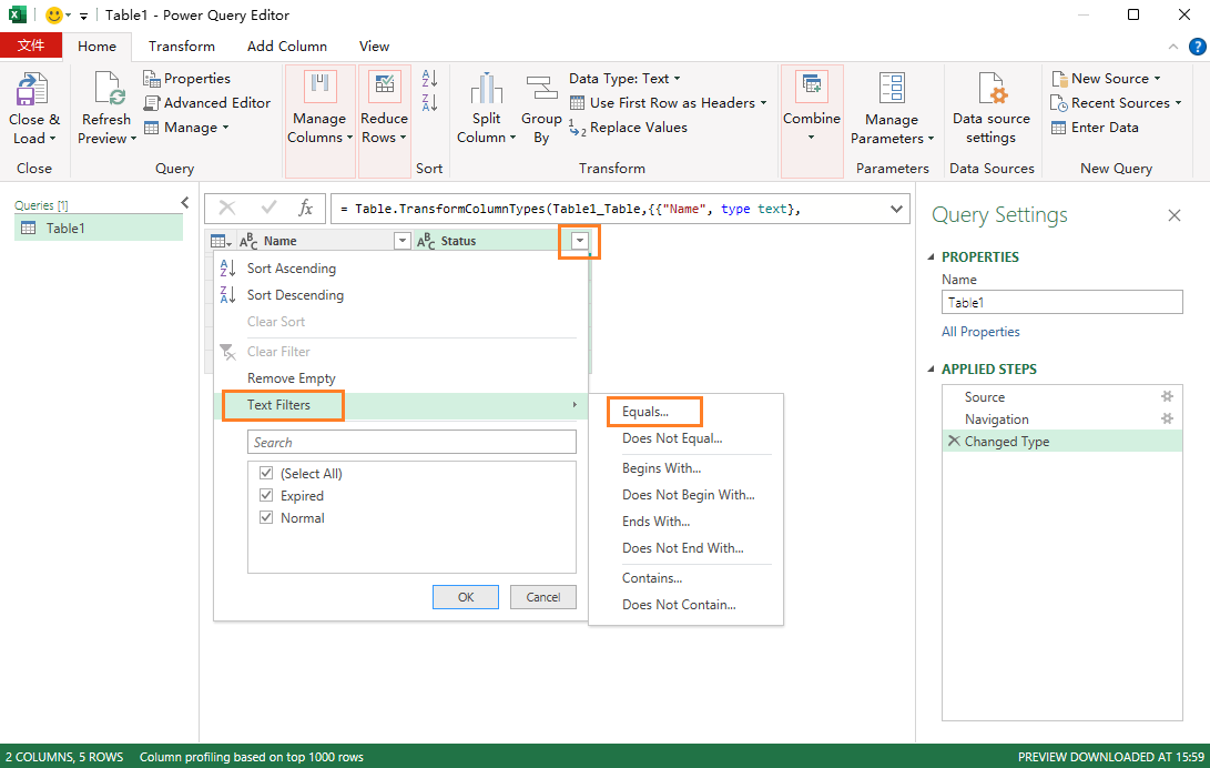 Add filter on Status column