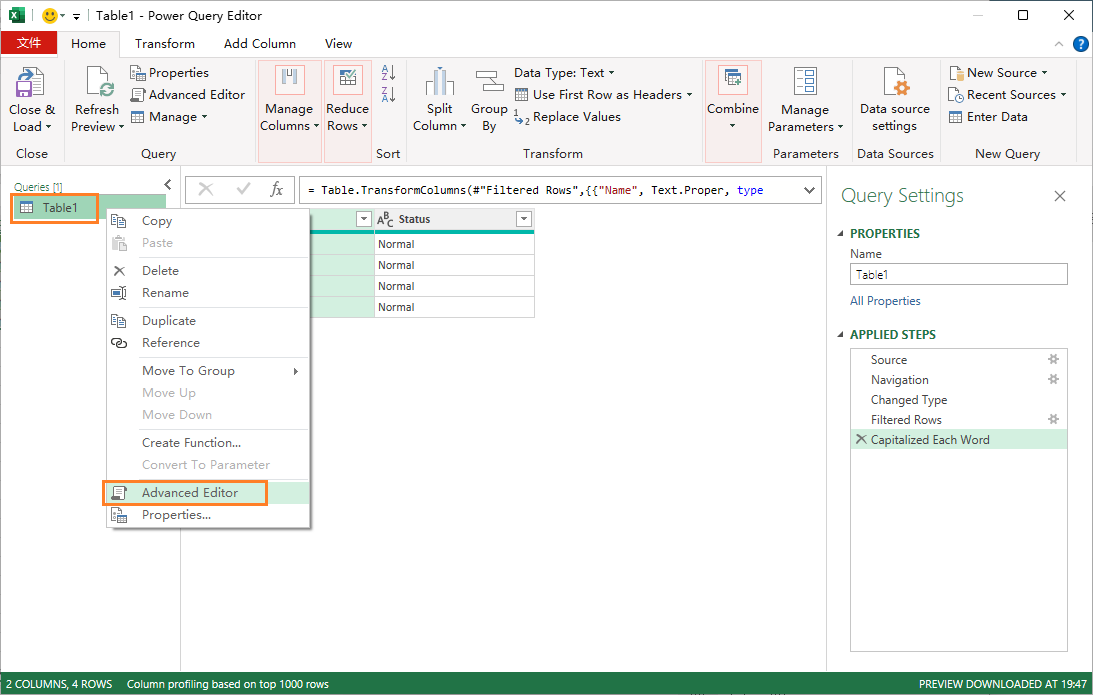 Lanch Advanced Editor in Power Query Editor
